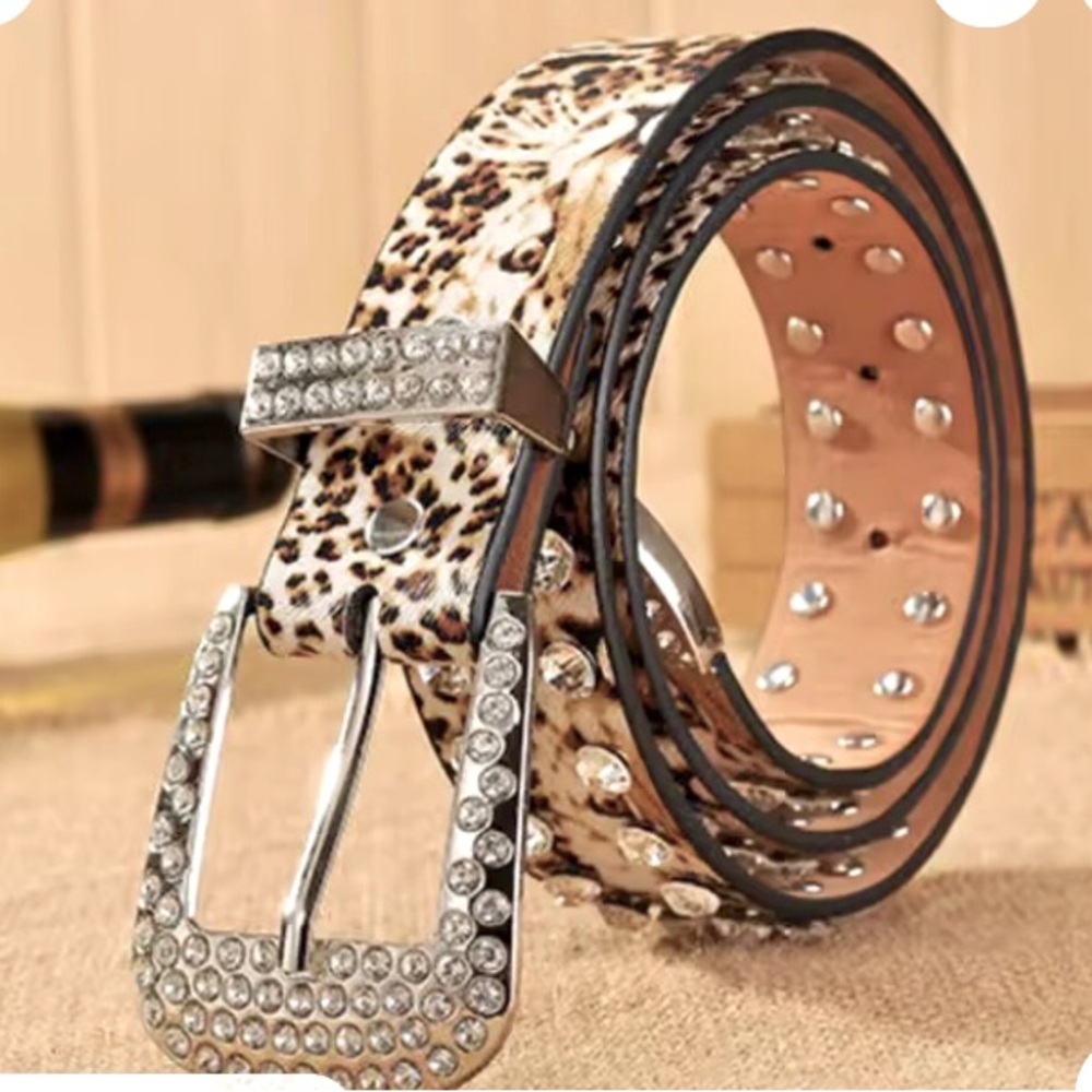 Western Leopard Print ,Rhinestone Buckle Belt genuine leather.